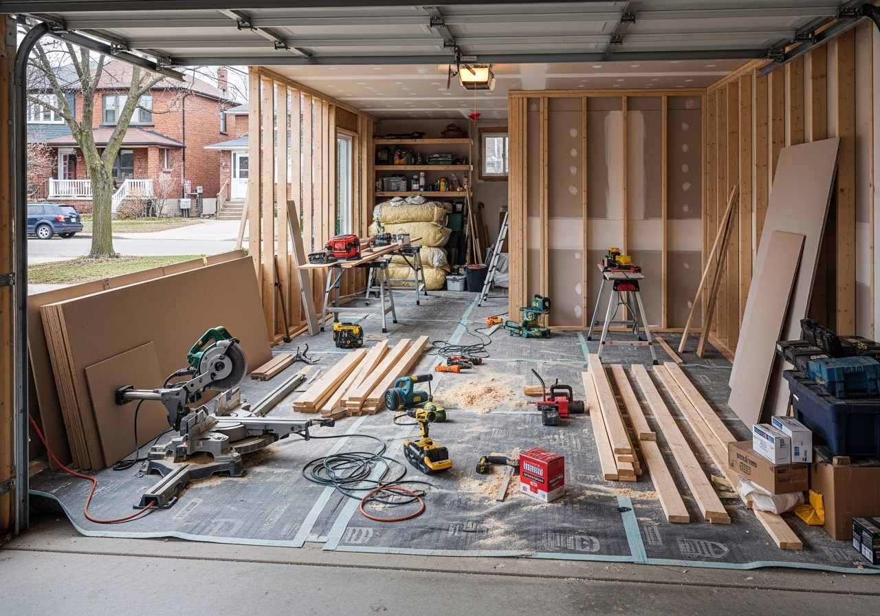 Garage Workshop Buildout tools and materials staged in Toronto home