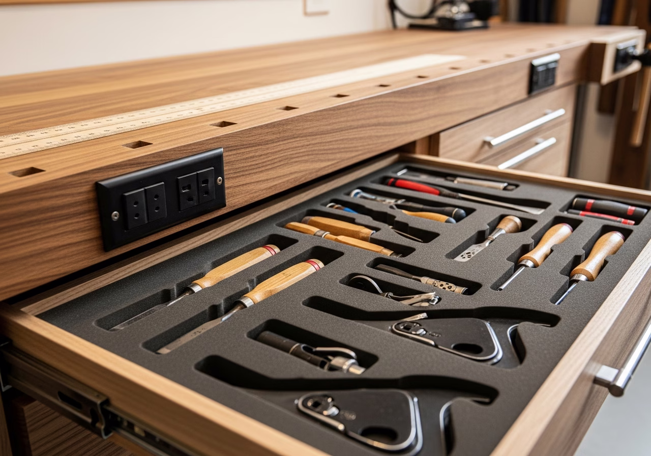 Close-up detail of professionally completed Garage Workshop Buildout