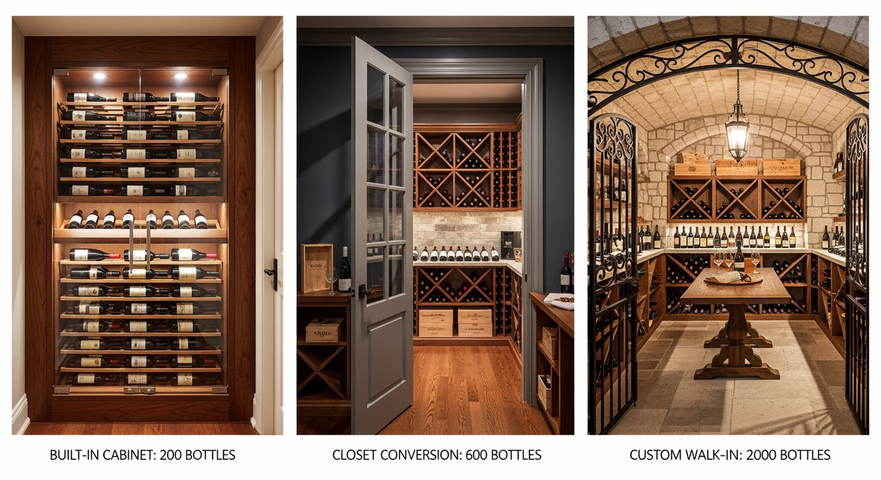 Three Toronto wine cellar types compared: 200-bottle cabinet, 600-bottle closet walk-in, 2000-bottle custom walk-in