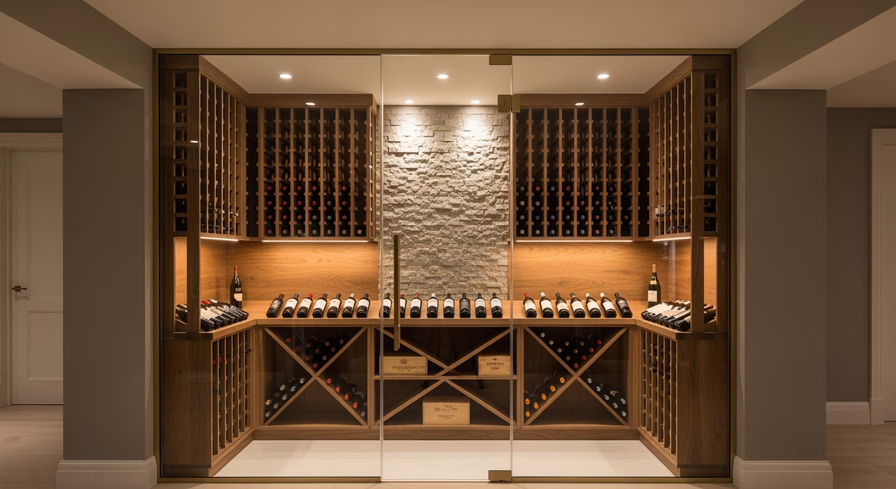 Custom Toronto Forest Hill basement wine cellar with floor-to-ceiling glass enclosure and stacked stone wall