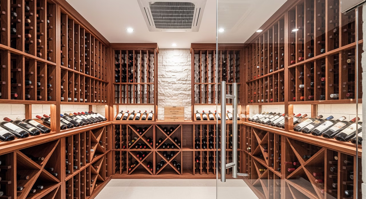 Completed Toronto luxury 1500-bottle wine cellar with mahogany diamond bins and brushed nickel hardware