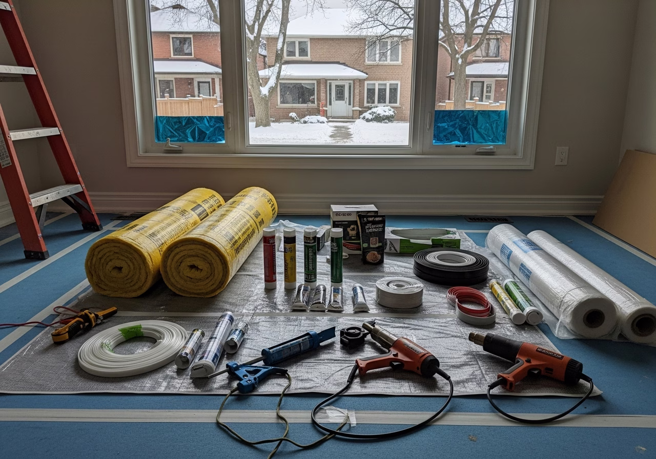 Home Winterization Services in progress: tools, materials, and protective floor covering staged for a Toronto handyman servic