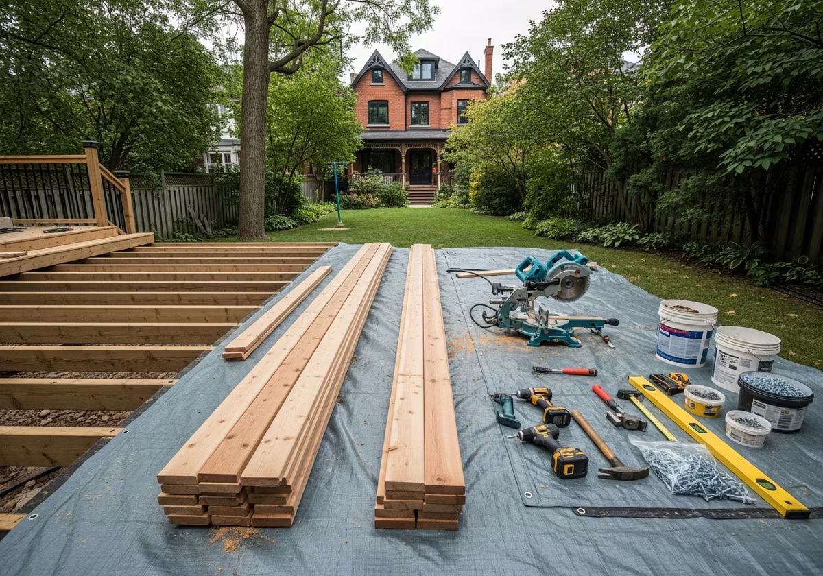 Tools and materials staged for wood deck replacement project
