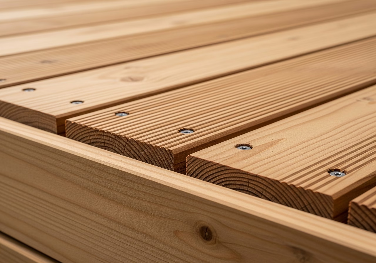 Close-up detail of professionally completed wood deck replacement work