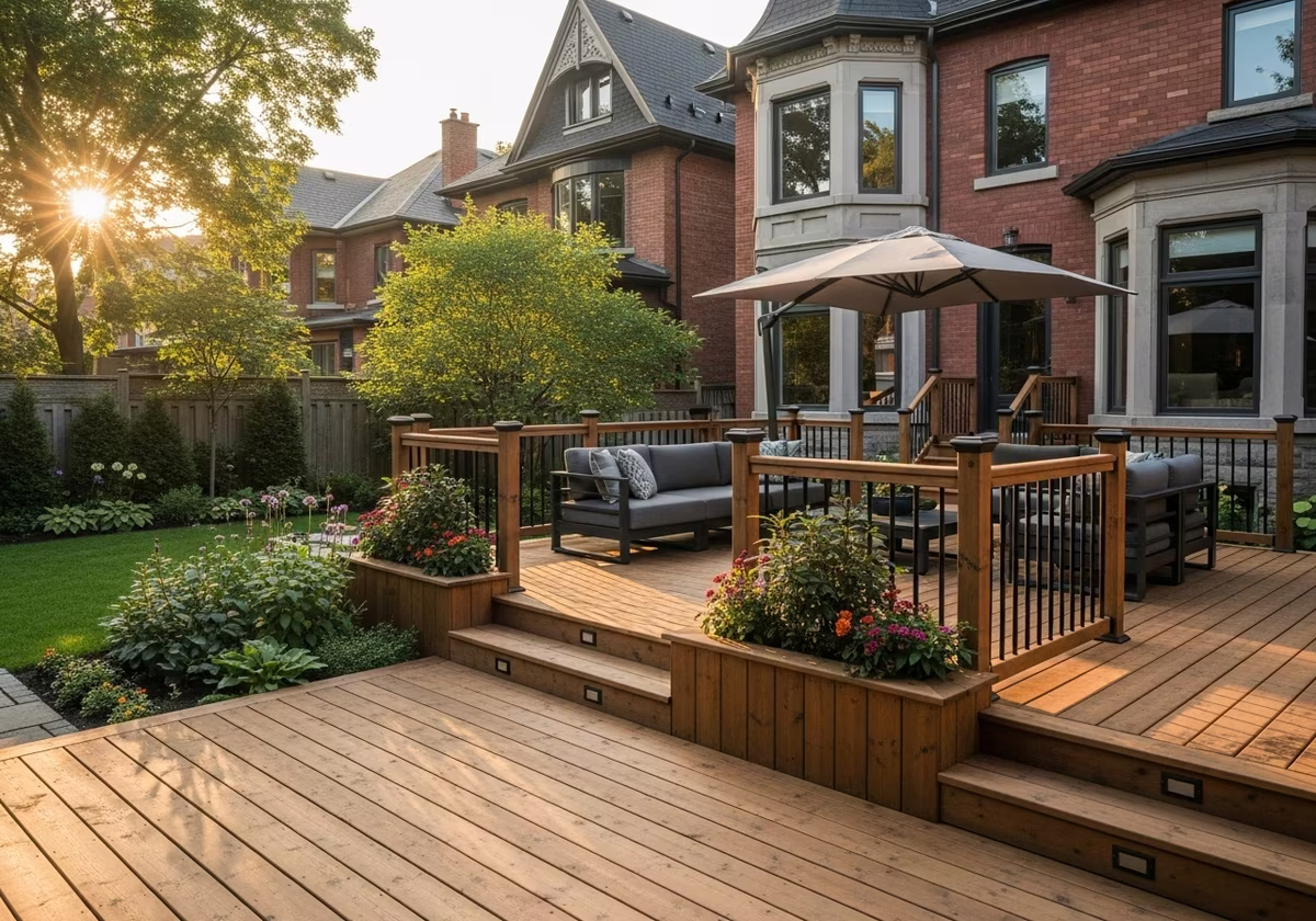 Completed wood deck replacement in Toronto Victorian backyard home - finished result